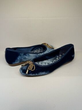 Birdies Blue Velvet Hummingbird Ballet Flat Gold Mesh Bow Comfort Shoes Size